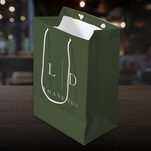 オリーブグリーン エレガント ミニマル モノグラム ウェディング ミディアムペーパーバッグ