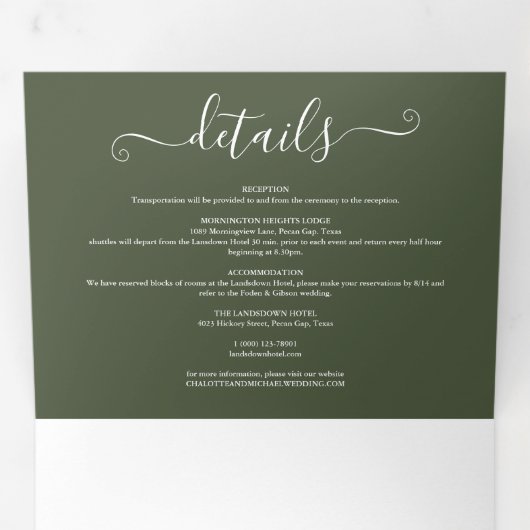 オリーブグリーン エレガント モダン フォト スクリプト ウェディング 三つ折り招待状 (内部最初)