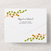 オリーブグリーン、オレンジ色の丸い葉結婚の枝 オールインワン招待状 (裏面)