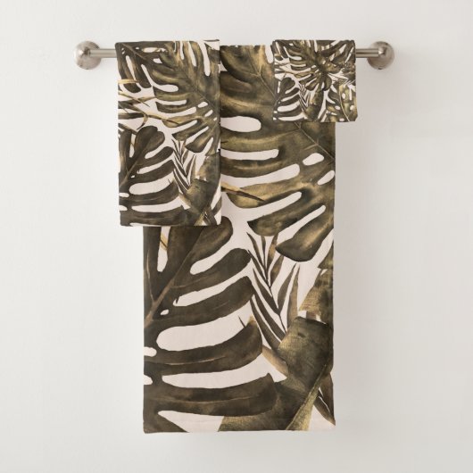 オリーブグリーン&クリームトロピカルパーム葉ズアイランド バスタオルセット (インサイチュ)