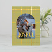 オリーブグリーン＆ゴールドのギンガムチェックのクリスマスホリデーフォト 箔シーズンカード (立ち正面)