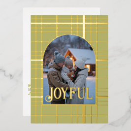 オリーブグリーン＆ゴールドのギンガムチェックのクリスマスホリデーフォト 箔シーズンカード