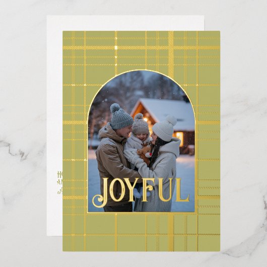 オリーブグリーン＆ゴールドのギンガムチェックのクリスマスホリデーフォト 箔シーズンカード (正面/裏面)