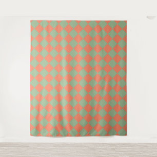 オリーブグリーン+サーモンピンク+チェック+ダイヤモンド模様 タペストリー