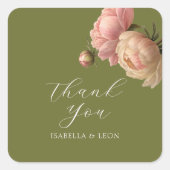 オリーブグリーン | シック赤面スクリプト結婚バラ スクエアシール (正面)