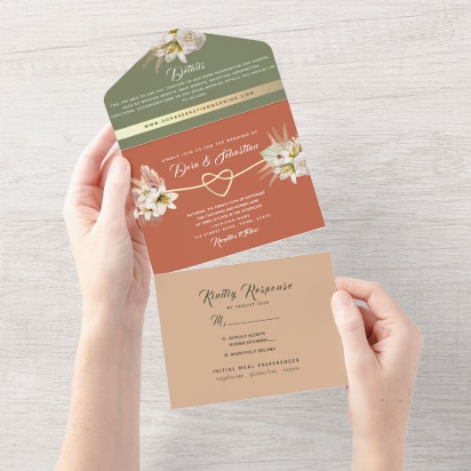 オリーブグリーン&テラコッタパンパスグラス結婚ズ オールインワン招待状 (貼ってはがせる)