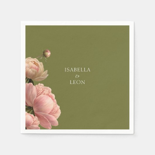 オリーブグリーン&バラ結婚ズ結婚ズ スタンダードカクテルナプキン (正面)