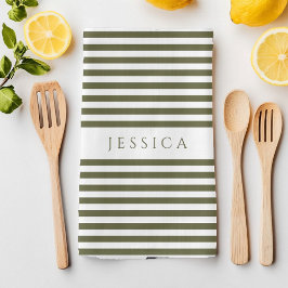 オリーブグリーン&ホワイトファームハウスパタストライプのーン キッチンタオル