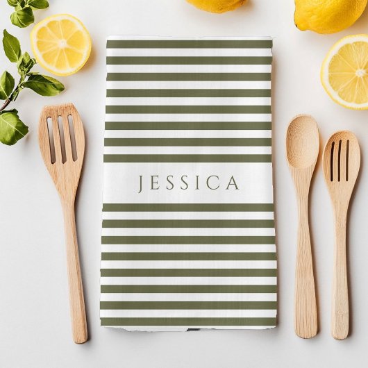 オリーブグリーン&ホワイトファームハウスパタストライプのーン キッチンタオル