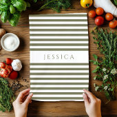 オリーブグリーン&ホワイトファームハウスパタストライプのーン キッチンタオル