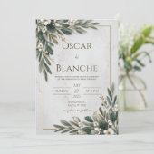 オリーブグリーン&ホワイトフローラミニマル結婚リスト 招待状 (スタンド正面)