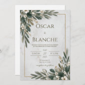 オリーブグリーン&ホワイトフローラミニマル結婚リスト 招待状 (正面/裏面)