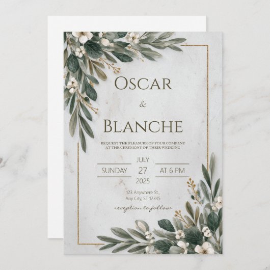 オリーブグリーン&ホワイトフローラミニマル結婚リスト 招待状 (正面/裏面)