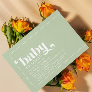 オリーブグリーン モダンレトロニュートラルベビーシャワー 招待状