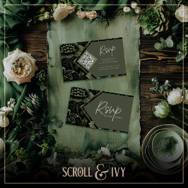 オリーブグリーン&金ゴールドフレームフローラRSVP エンクロージャーカード