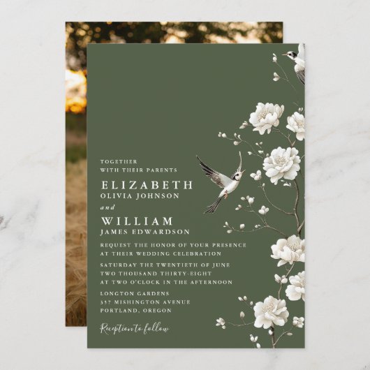 オリーブグリーンChinoiserieの結婚フローラの写真 招待状 (正面/裏面)