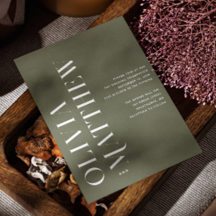 オリーブシンプルグリーン結婚ミニマリスト+ QR詳細 招待状