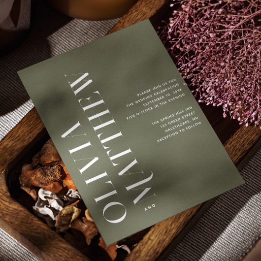 オリーブシンプルグリーン結婚ミニマリスト+ QR詳細 招待状