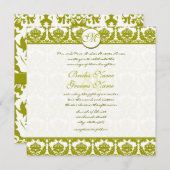 オリーブセージ緑フローラダマスクモノグラム 招待状 (正面/裏面)