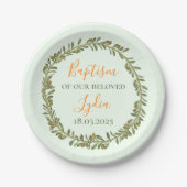 オリーブパーソナライズされたとの洗礼プラスチックプレート ペーパープレート (正面)