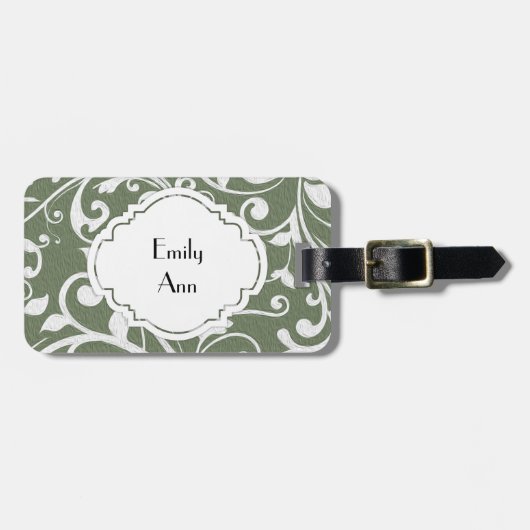 オリーブパーソナライズされたグリーンホワイトフローリッシュ ラゲッジタグ (正面横)
