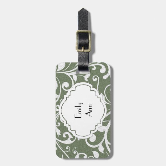 オリーブパーソナライズされたグリーンホワイトフローリッシュ ラゲッジタグ (正面縦)