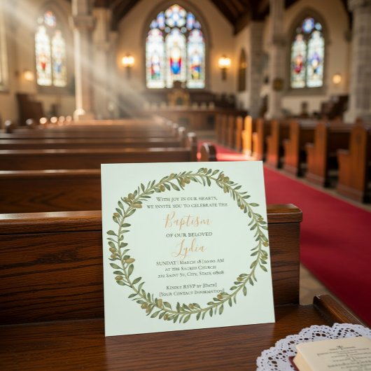 オリーブパーソナライズされたリースバプテスマ招待状 シーズンカード
