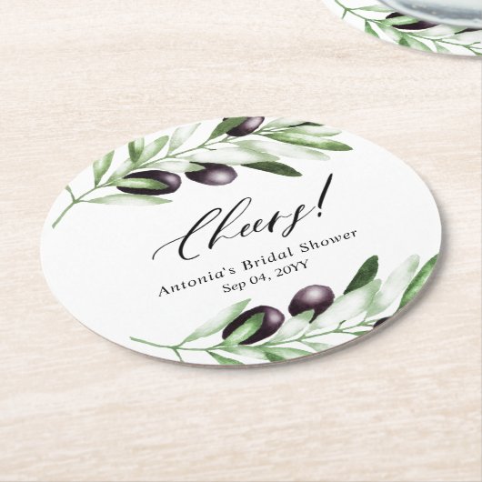 オリーブブランチブライダルシャワー ラウンドペーパーコースター (アングル)