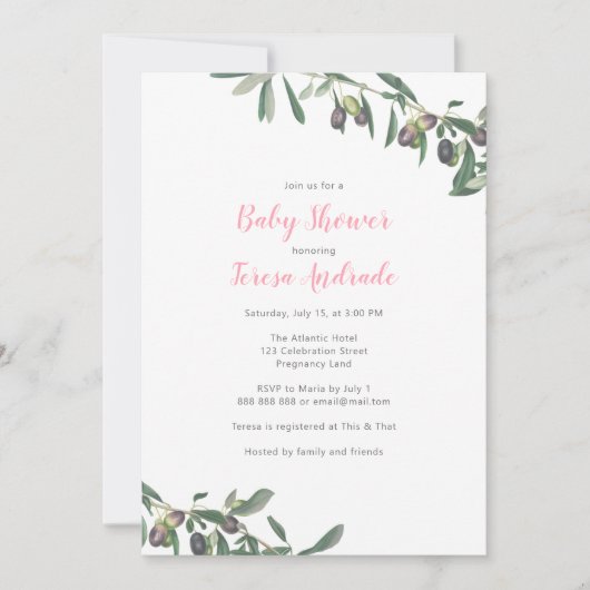 オリーブブランチベビーシャワー地中海の植物学 招待状 (正面)