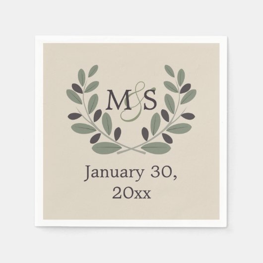 オリーブブランチリースとイニシャル結婚ズ スタンダードカクテルナプキン (正面)