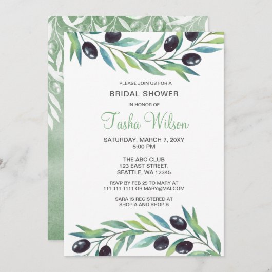 オリーブブランチ植物学ブライダルシャワー 招待状 (正面/裏面)