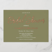 オリーブミニマリストスクリプトブライダルシャワーバラ金ゴールド 箔招待状 (正面)