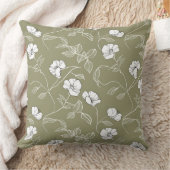 オリーブミニマルグリーンフローララインアートホワイトフラワー クッション (ブランケット)