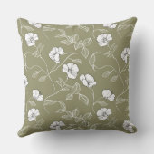 オリーブミニマルグリーンフローララインアートホワイトフラワー クッション (裏面)