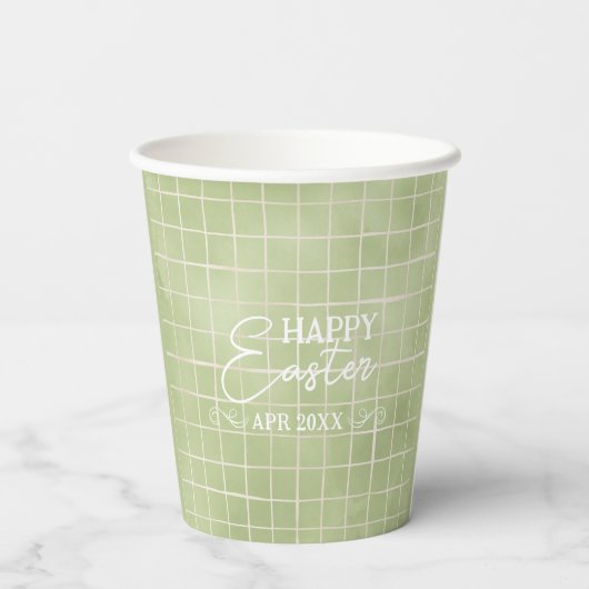 オリーブミニマルグリーン水の色のプレイドイースター 紙コップ (裏面)