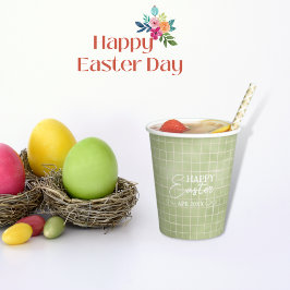 オリーブミニマルグリーン水の色のプレイドイースター 紙コップ