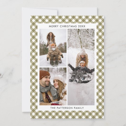 オリーブモダングリーンジンジャムプレイド3写真クリスマス シーズンカード (正面)