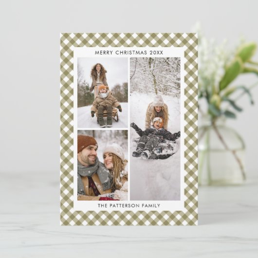 オリーブモダングリーンジンジャムプレイド3写真クリスマス シーズンカード (スタンド正面)
