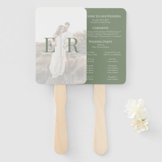 オリーブモダングリーンモノグラムフォト結婚式 プログラム ハンドファン (正面&裏面)