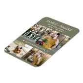 オリーブモダングリーン日付の3枚結婚の写真を保存 マグネット (左側)