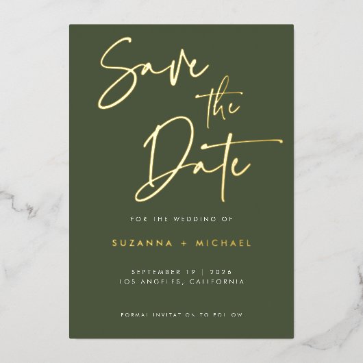 オリーブモダングリーン書道結婚脚本 箔招待状 (正面)