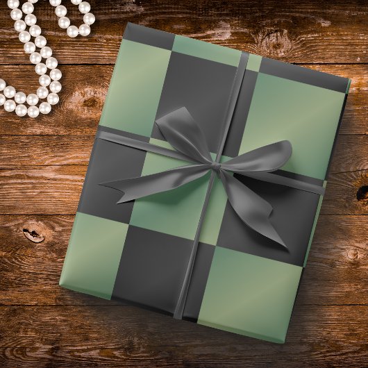 オリーブモダングリーン黒グラデーショ市松模様にン ラッピングペーパー