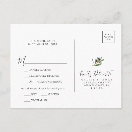 オリーブモダンブランチのメニュー選択RSVPポストカード インビテーションポストカード (裏面)