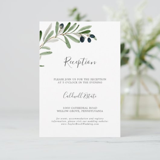 オリーブモダンブランチウェディングレセプションカード エンクロージャーカード (スタンド正面)