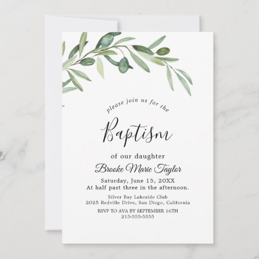 オリーブモダンブランチバプテスマ招待状 招待状 (正面)