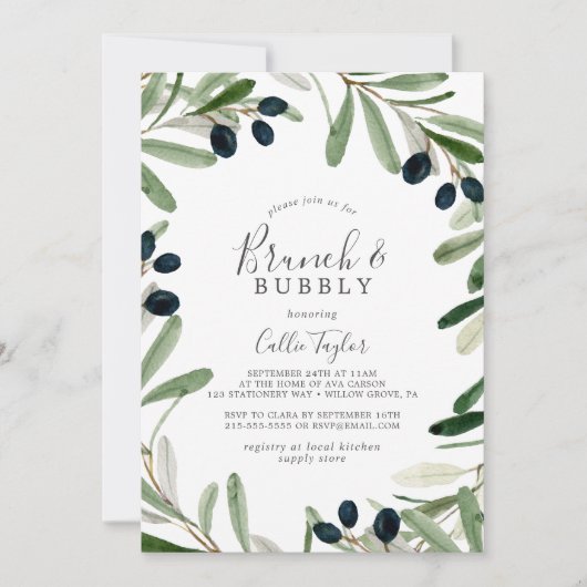 オリーブモダンブランチブランチ&バブリーブライダルシャワー 招待状 (正面)
