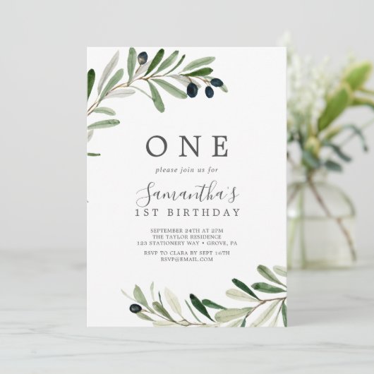 オリーブモダンブランチ最初の誕生日パーティー 招待状 (スタンド正面)