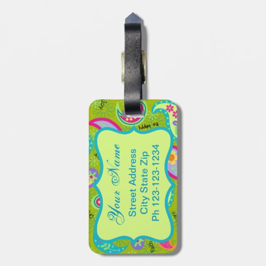 オリーブライムグリーンモダンペイズリーパターンモノグラム ラゲッジタグ (裏面縦)