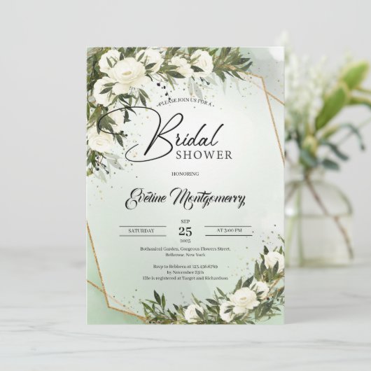 オリーブリースの森ほこりっぽい緑の白いバラboho 招待状 (スタンド正面)