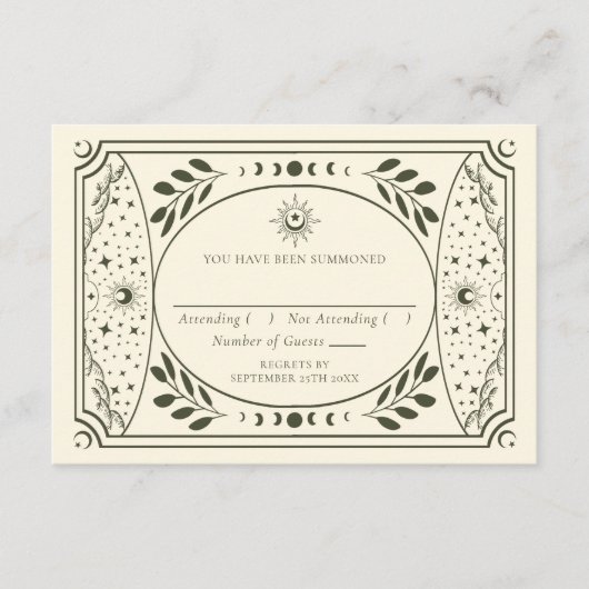 オリーブヴィンテージタロットカードゴシック結婚式RSVP エンクロージャーカード (正面)
